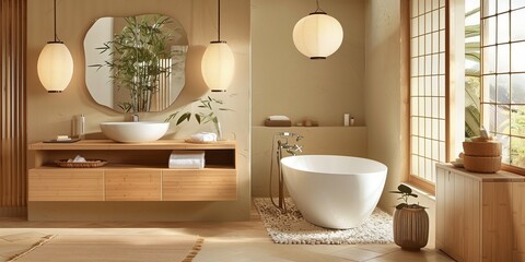 Japandi bathroom interior design with wooden furniture