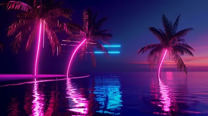 Fototapeta na wymiar 3D render of palm trees and neon lights in the sea.