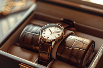 Close-up of a sophisticated wristwatch with bracelet displayed in an upscale storage box