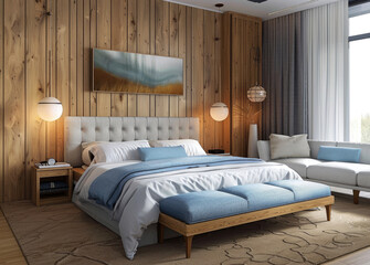 A bedroom with wooden panels on the wall and white walls with light blue accents