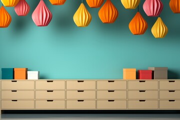 Desk in an office with a blue wall and colorful stickers. Concept of a remote workplace and home office. Including copy space