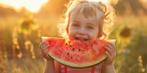 cute child eating watermelon on the grass in summertime
