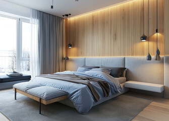 A bedroom with wooden panels on the wall and white walls with light blue accents