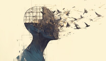 A surreal depiction of an open head cage with the bird flying away, symbolizing freedom and breaking free from mental constraints. The artwork is in the style of il apocalypse. 