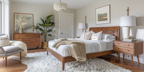 White pillows on wooden bed in minimal bedroom interior Scandinavian style