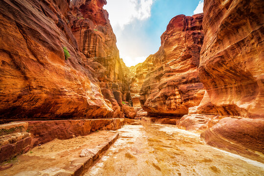 The Siq, canyon with red rocks, pavement road. Stone gallery in Petra, Jordan