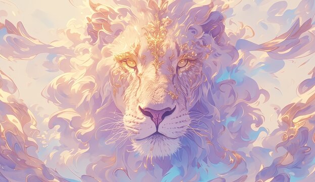 A lion with an ethereal and soft pastel color palette, blending into the background in a surreal digital art style. 