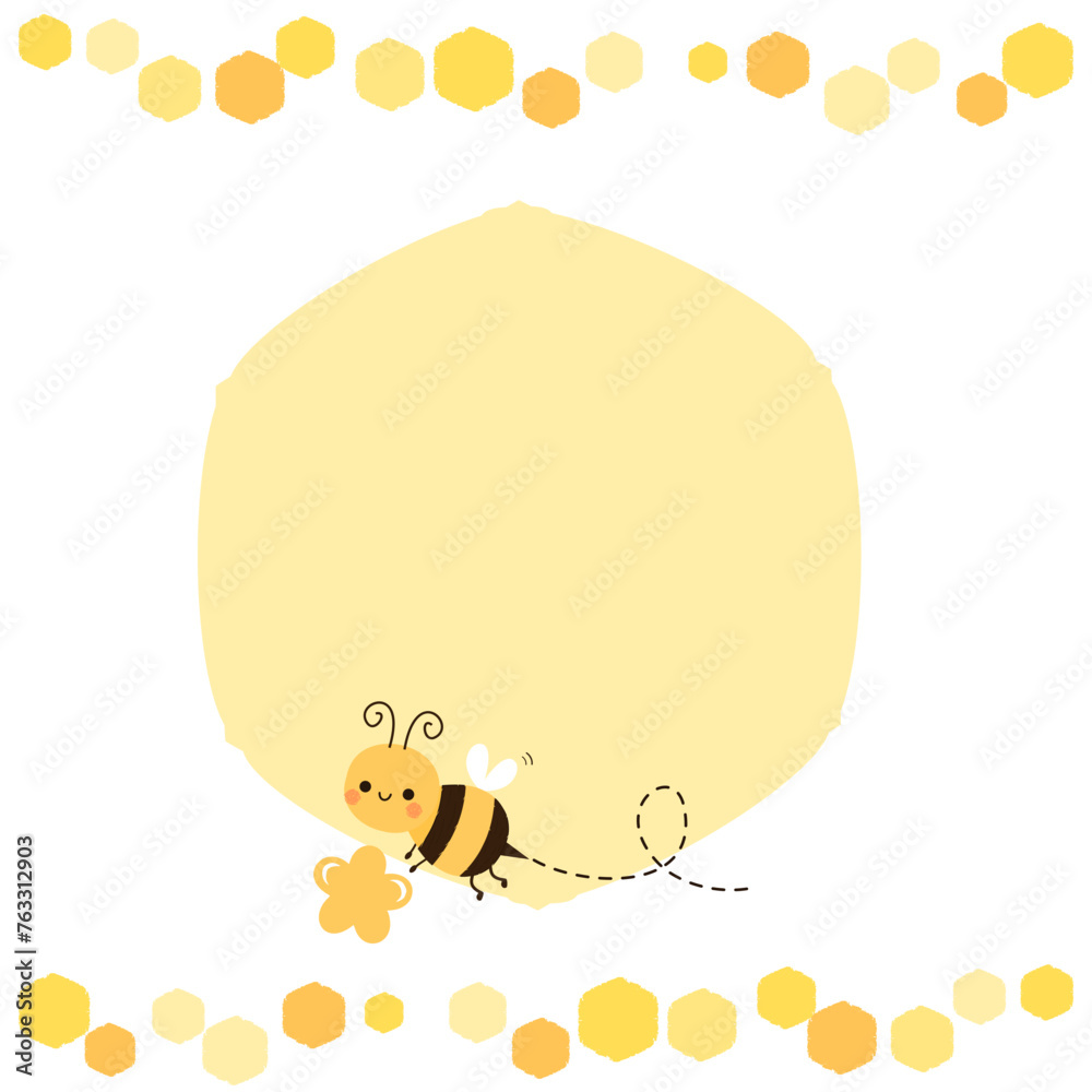 Wall mural bee cartoon and hexagon sign isolated on white background vector.