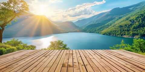 summer wooden terrace with the landscape background - obrazy, fototapety, plakaty