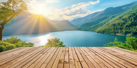 Tafelkleed summer wooden terrace with the landscape background © Elena