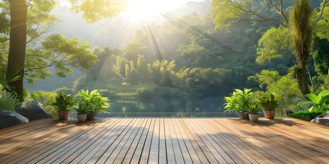 Foto auf Acrylglas summer wooden terrace with the landscape background © Elena