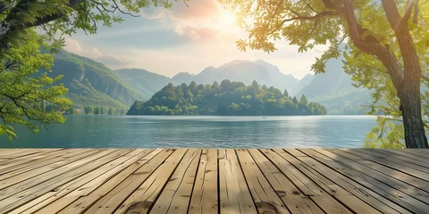 Foto op Plexiglas summer wooden terrace with the landscape background © Stelena
