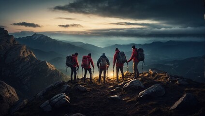 Cooperation concept with multiple people helping each other on a mountain in dark evening
