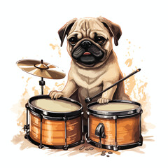 Fototapeta na wymiar Pug playing drum clipart isolated on white background
