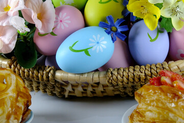 Bakery with colorful Easter Eggs in the basket celebrate Easter Day Festival backgrounds promotional materials design idea copy space stock photo