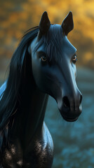 Cartoon close-up view of black horse standing near water