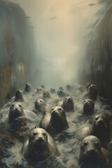 Painting group sea lions swimming in a river