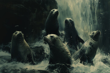 Painting group five sea lions swimming in the water - obrazy, fototapety, plakaty