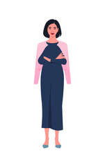 Fototapeta premium Portrait of an Asian woman stands full-length with arms crossed. Popular office professions and business. Vector flat illustration