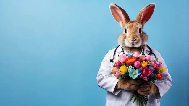 Easter rabbit doctor with stethoscope and bouquet of flowers on blue background