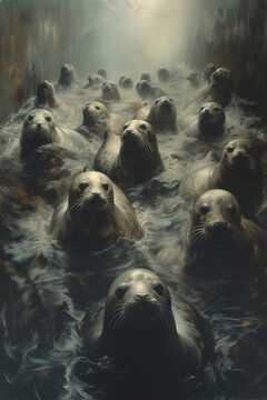 Painting depicting group sea lions swimming in the water