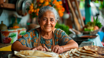 Mexican abuela cooking delicious homemade tacos - obrazy, fototapety, plakaty