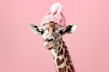 A giraffe with a pink knit hat against a pink backdrop, ideal for whimsy ads and greetings.