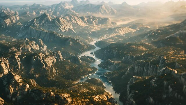 Looking out from the peak of a mountain the grandeur of the landscape unfolds. A winding river s through the rugged terrain creating a mesmerizing mirror image of cliffs and