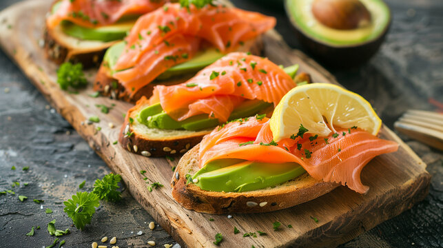 Close-up of smoked salmon on toast with avocado, ideal for restaurant menus.