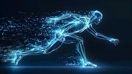Illustration of a running man with a skeleton x-ray scan highlighting orthopedic advancements. Concept Medical Illustration, Orthopedic Advancements, X-Ray Scan, Running Man, Skeleton Poses - obrazy, fototapety, plakaty