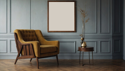 Classic armchair near paneling wall with empty poster frame with copy space, Home interior design of mid century living room