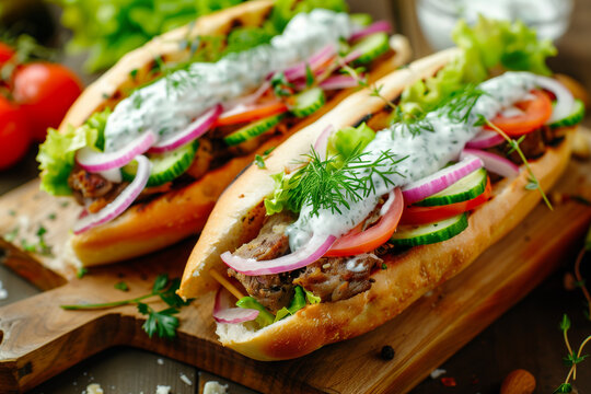 Close-up of gyros sandwiches on a wooden board, perfect for culinary themes.