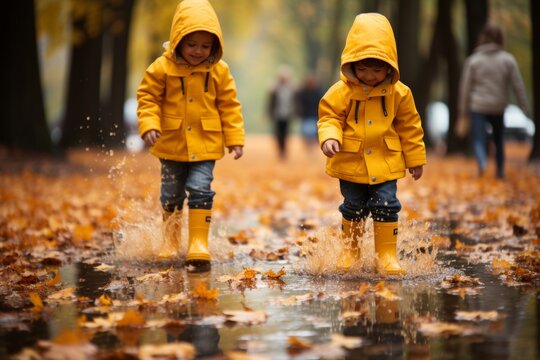 Child in yellow rubber boots walking and jumping over a puddle Have fun outdoors Children activity