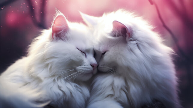 Charming of two white cats an affectionate with its eyes closed nuzzling against