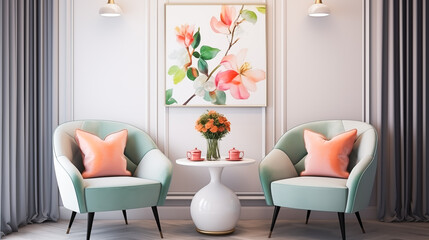 Modern colorful chairs at the dining table under a pastel lamp in the living room interior with pillows on a settee against a wall with a poster