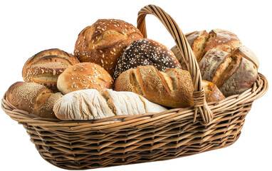 A Bounty of Various Breads in a Rustic Basket, White Background, Generative AI. Transparent PNG
