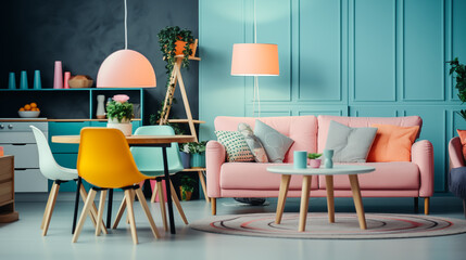 Modern colorful chairs at the dining table under a pastel lamp in the living room interior with pillows on a settee against a wall with a poster