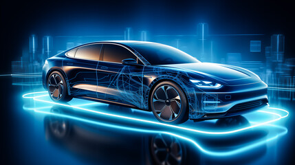 Modern electric car on road, interior, digital technology background, realistic, cinematic, 8k, movie, very detailed	