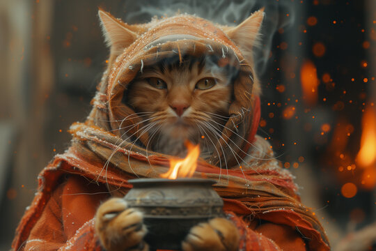 A cat in costume holding a pot in its paws