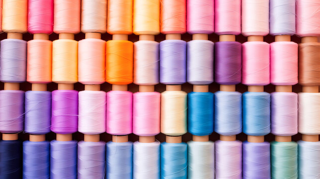 Rolls of pastel color fabric, Set of color sewing threads