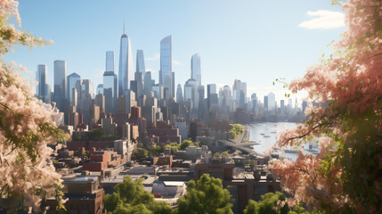 Obraz premium Cityscape with modern skyscrapers adorned with trees, The harmony of nature and urbanity, Clean air. Emphasizing natural concepts, Green spaces