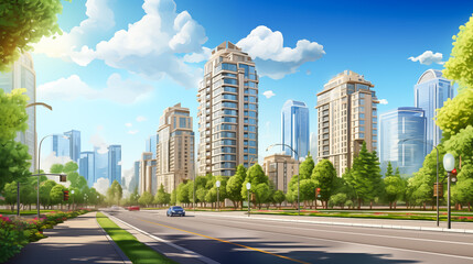 Cityscape with modern skyscrapers adorned with trees, The harmony of nature and urbanity, Clean air. Emphasizing natural concepts, Green spaces