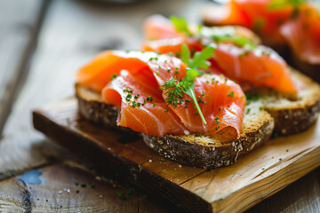 Close-up of smoked salmon on open-faced sandwiches, ideal for culinary themes. - obrazy, fototapety, plakaty