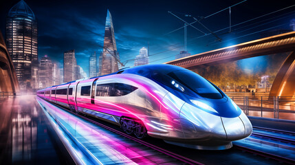 Naklejka premium Train moving swiftly through the city at night, carrying passengers on its tracks and platforms, amidst the bustling transportation network, showcasing the vibrancy of urban travel 