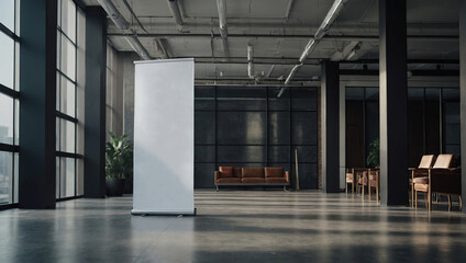 brand with a mockup of a empty roll-up standee banner in an office hall