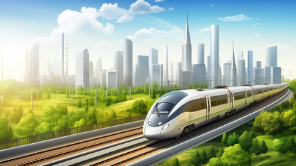 Fototapeta premium Train moving swiftly through the city, carrying passengers on its tracks and platforms, amidst the bustling transportation network, showcasing the vibrancy of urban travel 