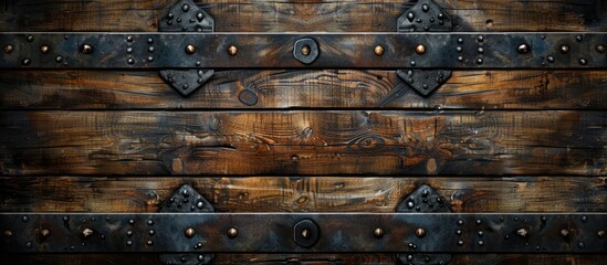 A detailed image of a building facade showcasing a wooden door with intricate metal fittings, creating a beautiful pattern - obrazy, fototapety, plakaty