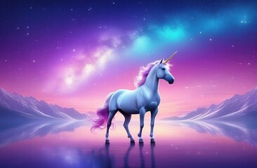 Obraz na płótnie Canvas Pink unicorn sky with stars. Cute purple pastel background. Fantasy dreaming galaxy and magic wavy space with fairy light