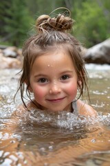 A young female child joyfully splashing and playing in the water