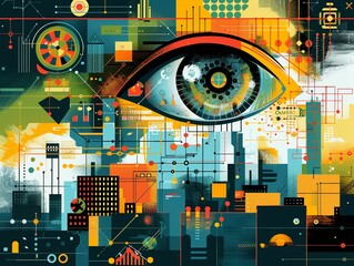 Design an engaging graphic showcasing a worms-eye view angle to depict humanitys potential future through the lens of innovation 